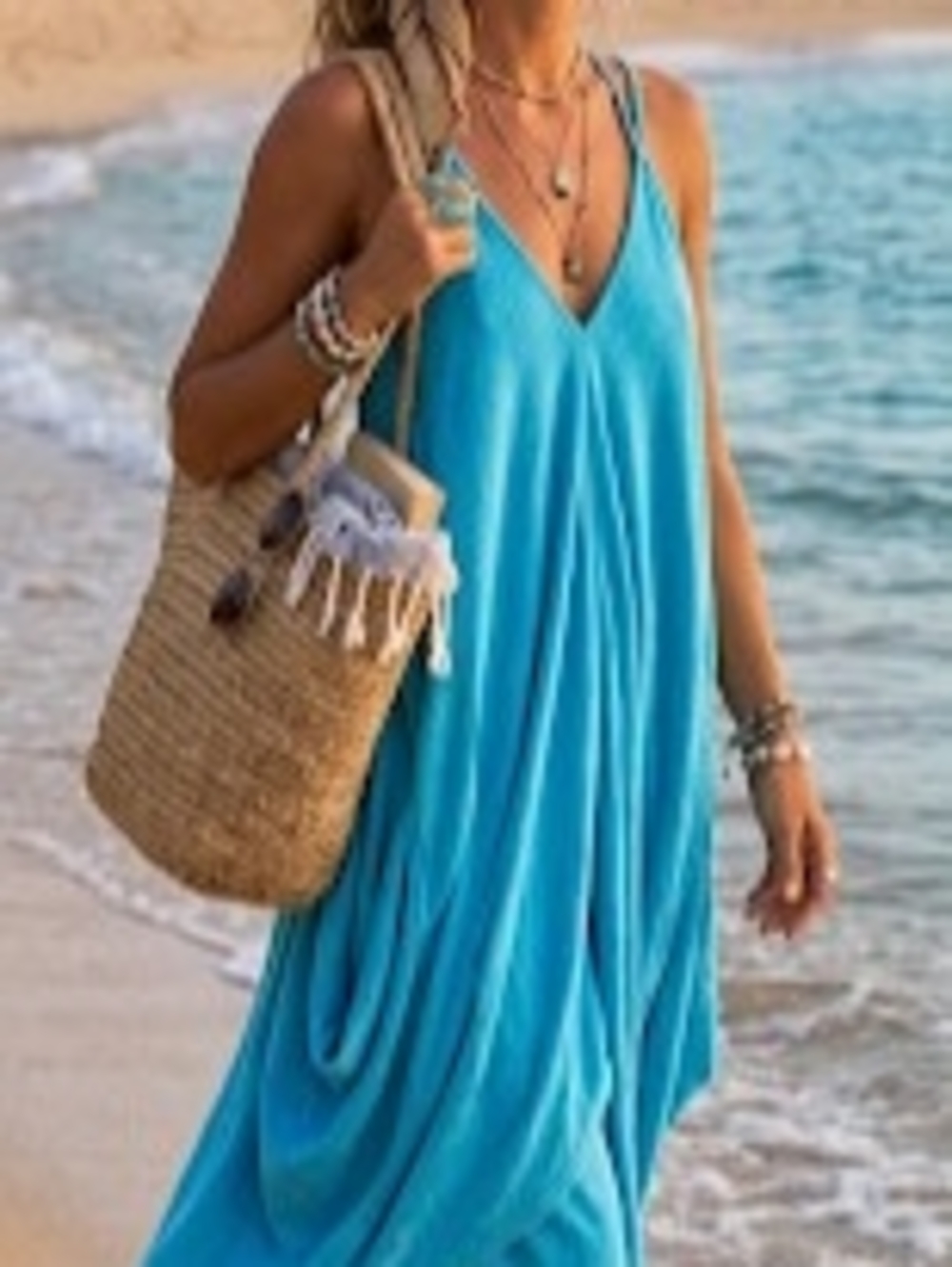 Free People Bright Turquoise V-Neck Spaghetti Strap Maxi Dress